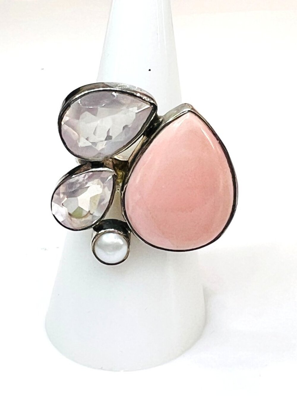 Pink Opal Statement Ring 925 Sterling Silver Size 6 Boho Wide Band
